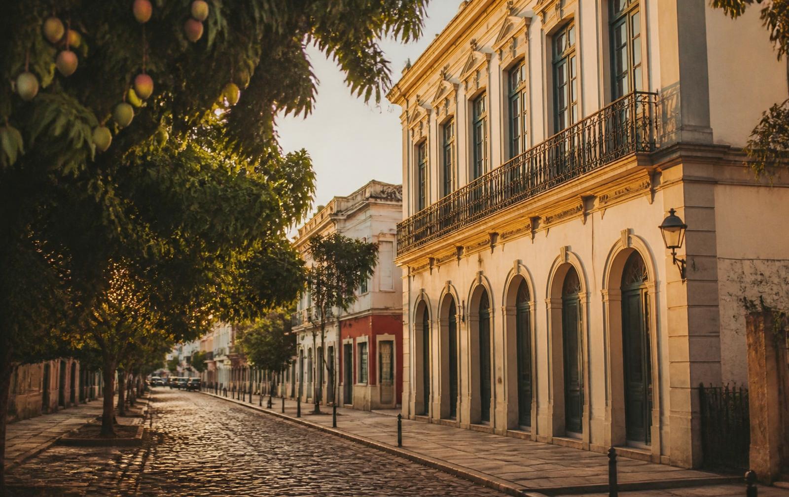 Rua histórica de Belém–PA ao entardecer, com mangueiras e arquitetura colonial